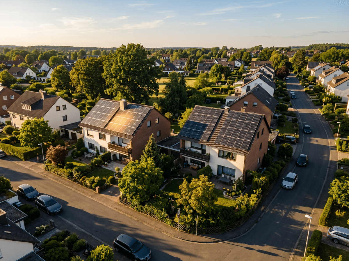 Luftaufnahme eines Wohngebiets im Abendlicht mit Photovoltaikanlagen auf unterschiedlich ausgerichteten Dachflächen.