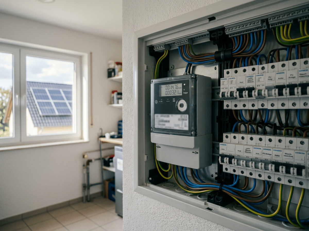 Zählerschrank mit Zweirichtungszähler in einem hellen Hauswirtschaftsraum, durch das Fenster ist ein Dach mit Solarmodulen zu sehen.