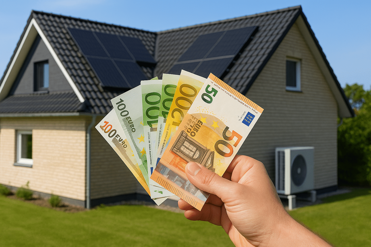 Hand hält Euro-Banknoten vor einem Einfamilienhaus mit Photovoltaikanlage und Luft-Wasser-Wärmepumpe.