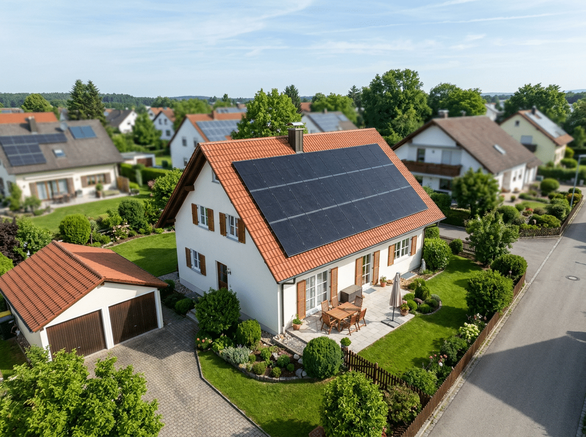 Luftaufnahme eines Einfamilienhauses mit rotem Ziegeldach, auf dem eine Photovoltaikanlage mit klar erkennbaren Modulreihen liegt.