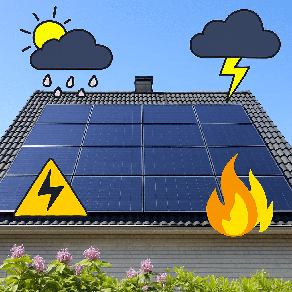 Solaranlage auf einem Hausdach mit Symbolen für Regen, Blitzschlag, Brandgefahr und Elektrizität.